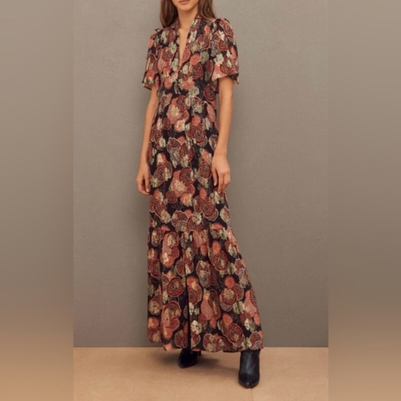 ba&sh Dresses & Skirts - ba&sh Black Floral V-Neck Maxi HIDE Dress with Rust, Gold and Cream Accents